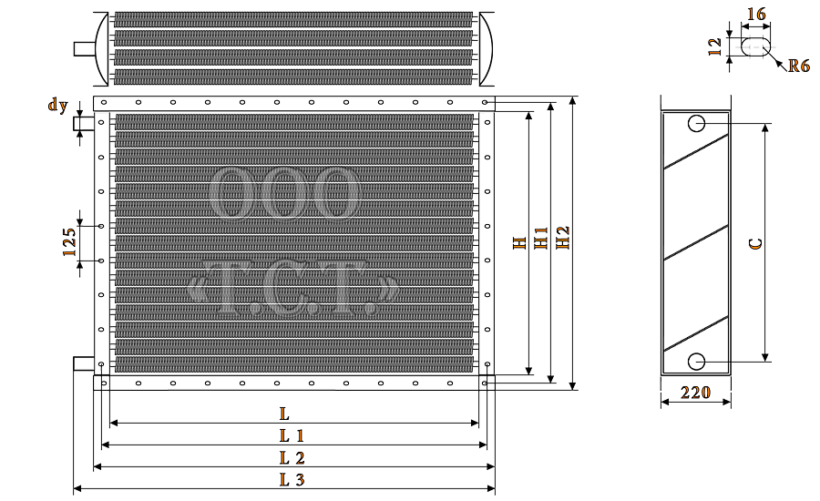 Чертеж водяного калорифера ВНВ113-412 ХЛ3
